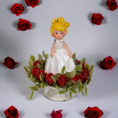 1950s Inarco Porcelain Blonde Girl Surrounded by Flowers Figurine