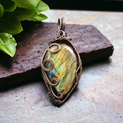 Copper Wire Wrapped Labradorite Pendant, Handcrafted