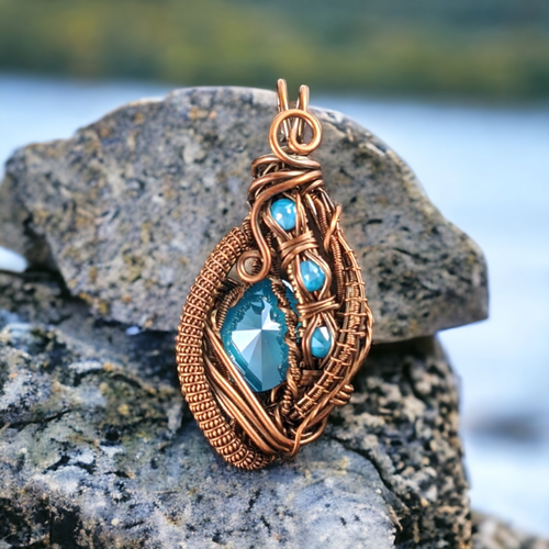 Artisan Crafted Elegance: Handmade Copper Wire Wrapped Blue Crystal Pendant