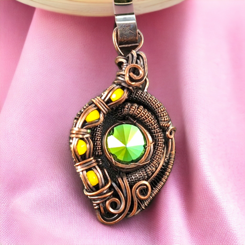 Handmade Copper Wire Wrapped Green Crystal Pendant