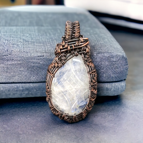 Handmade Copper Wire-Wrapped Carved Moonstone Pendant