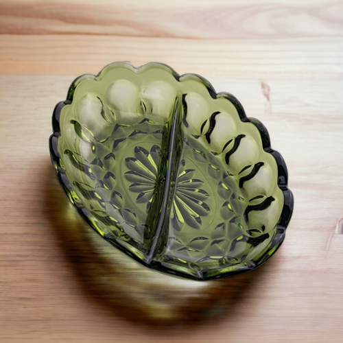 Anchor Hocking Avocado Green 2-Part Glass Relish Dish