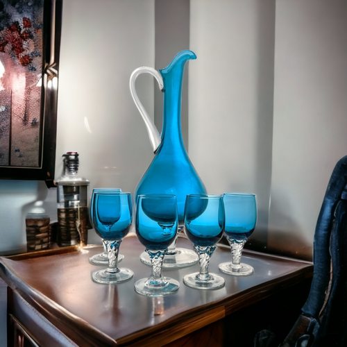 Blue Art Glass Decanter Set with 5 Cordial Glasses, Chip on Handle