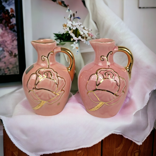 Pair of Vintage 5" Pink Pitcher Bud Vases with Floral Design