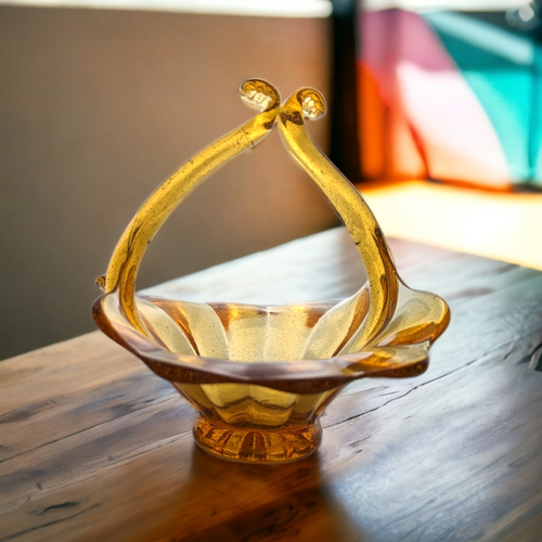 Vintage Amber Art Glass Basket