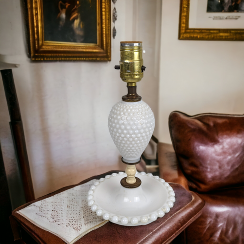 Vintage Milk Glass Hobnail Boudoir Lamp, No Shade