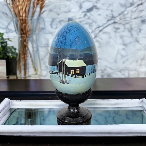 Blue Painted Wooden Egg with Farm Scene