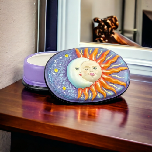 Hand Painted Sun and Moon Celestial Ceramic Box with Lid