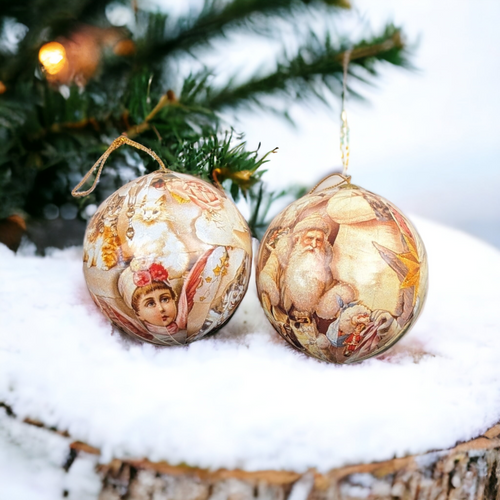 Pair of Vintage Paper Mache Christmas Ball Ornaments