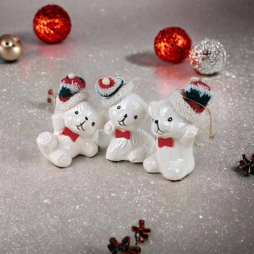 Set of 3 Vintage White Bear with Stocking Cap Ornaments