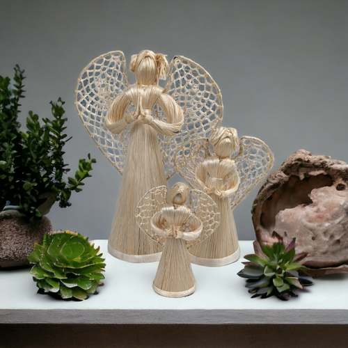 Set of 3 Angels Praying Corn Husk Fiber Figurines