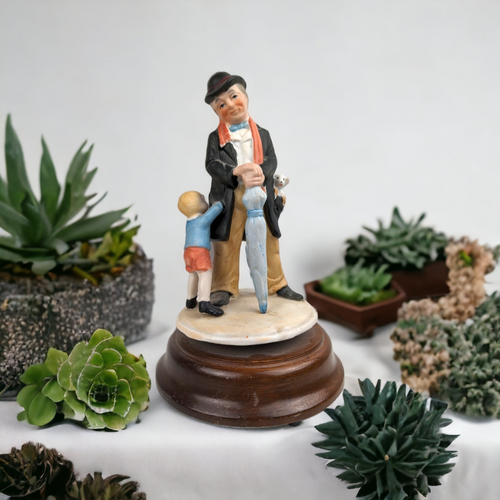 Vintage Ceramic and Wood Music Box, Man and Child