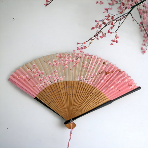 Vintage Wood and Paper Fan with Cherry Blossom Image