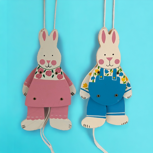 Vintage Pull String Easter Bunny Ornament and Egg Set