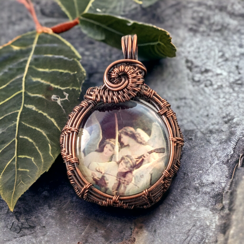 Handmade Copper Wire Wrapped Pendant with Glass Angelic Imagery