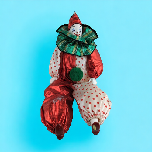 Vintage Smiling 18" Clown Doll in Red and Green