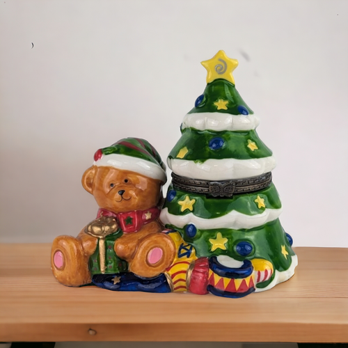 Vintage Teddy Bear and Christmas Tree Ceramic Trinket Box