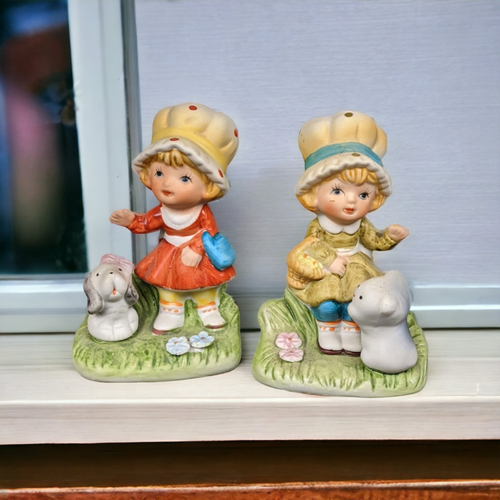 Pair of Homco Girl Figurines with Dog and Cat 1430