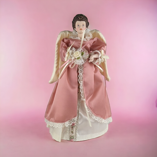 Vintage Angel Tree Topper with Blue Eyes and Pink Dress