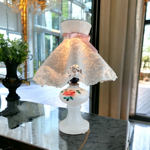 Vintage Painted Milk Glass Lamp with Shade