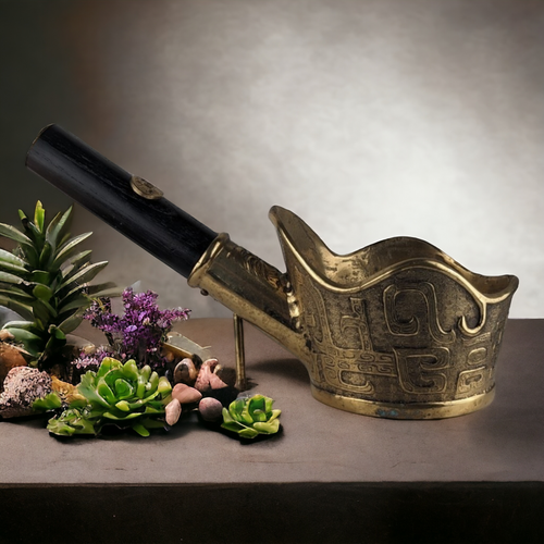 Vintage Chinese Brass Silk Iron, Black Wooden Handle