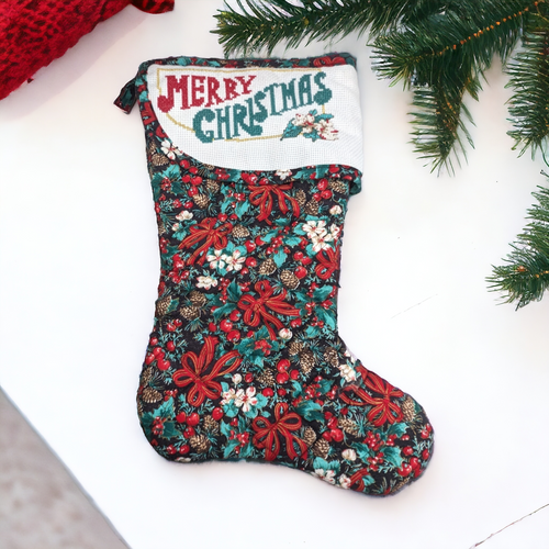 Vintage Handmade Quilted and Cross Stitched 'Merry Christmas' Stocking