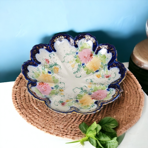 Vintage Hand Painted Porcelain Bowl, Blue with Floral Design