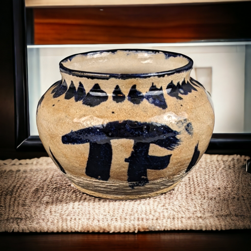 Signed Senty Studio Pottery Bowl (Tan & Blue)