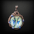Copper wire wrapped pendant necklace featuring a glass cabochon depicting an elephant and accented with blue glass beads.