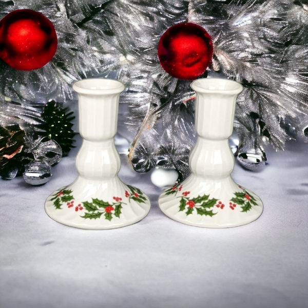 4" Vintage Ceramic Holly Candlestick Holders