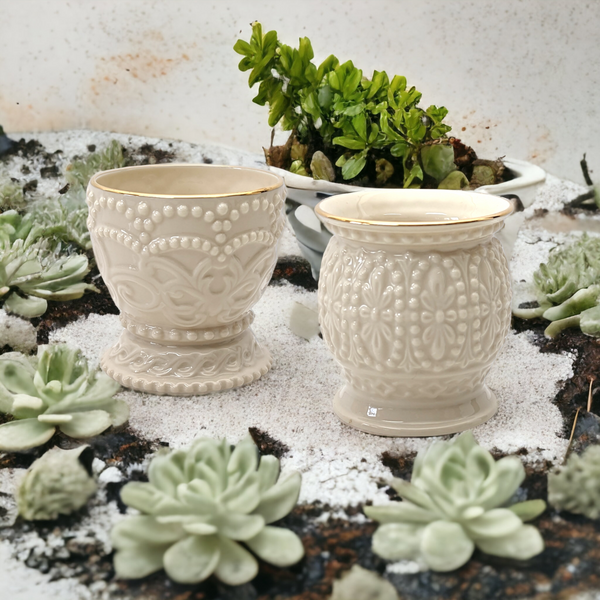 Pair of Mismatched Vintage Lenox Beaded Cream Votive Candle Holders (3 1/4")