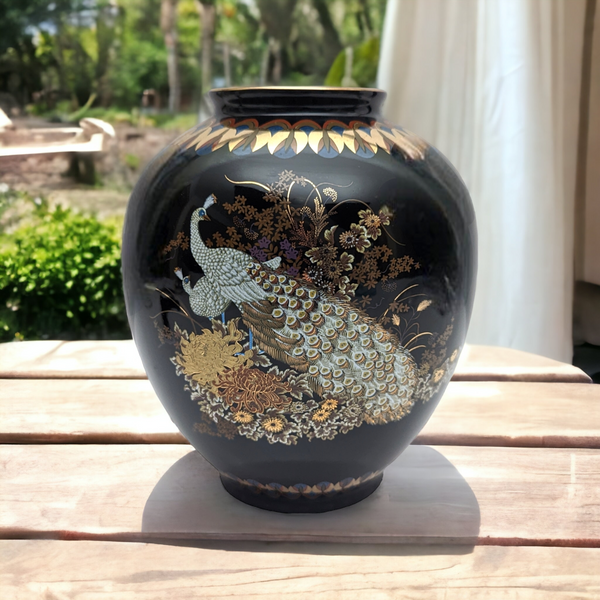 Vintage Japanese Black Vase with Enchanting Peacock Design