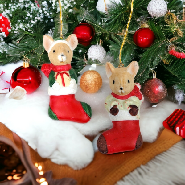Vintage Ceramic Mice in Stockings Ornaments