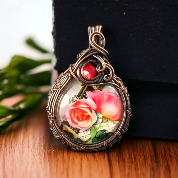 Handmade Wire Wrapped Necklace with Glass Cabochon Rose Accent