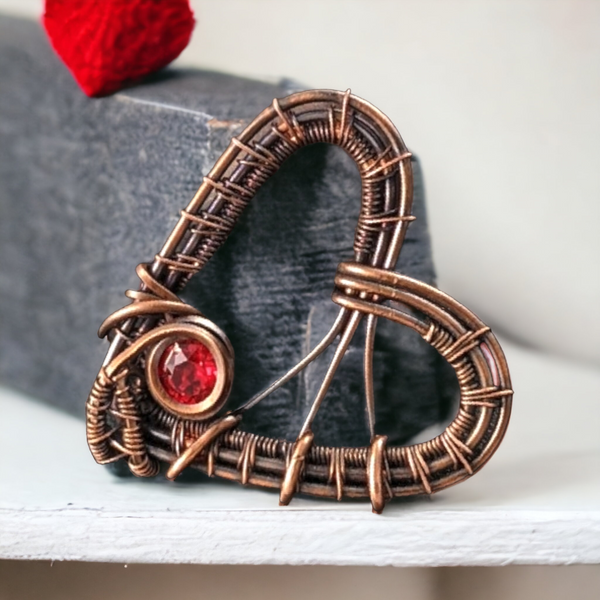 Handmade Heart-Shaped Copper Wire Necklace with Red Crystal Accent
