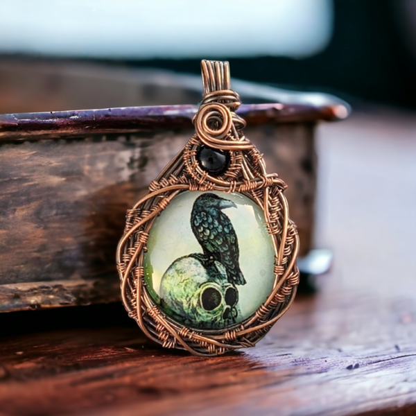 Copper Wire Wrapped Pendant with Raven and Skull