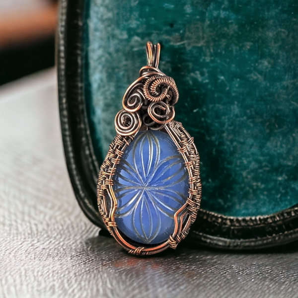 Copper Wire Wrapped Hand Carved Blue Onyx Pendant