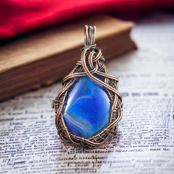 Handmade Wire Wrapped Blue Agate Pendant