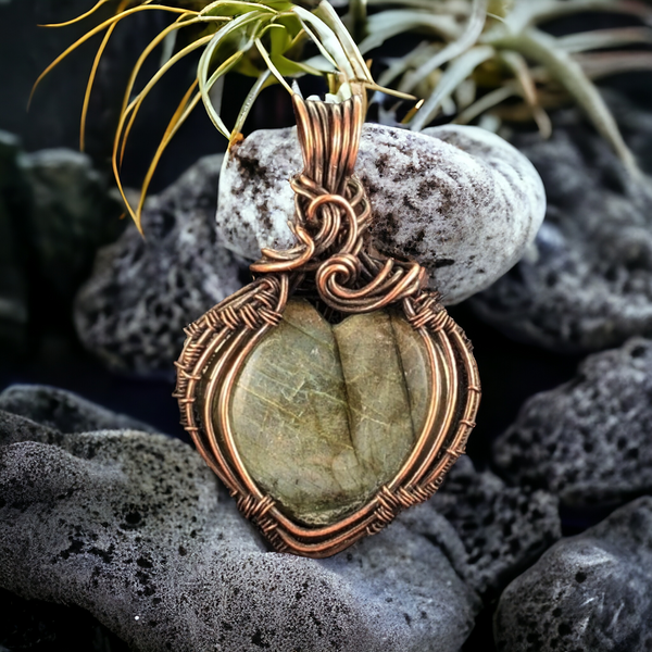 Handcrafted Copper Wire-Wrapped Labradorite Heart Pendant