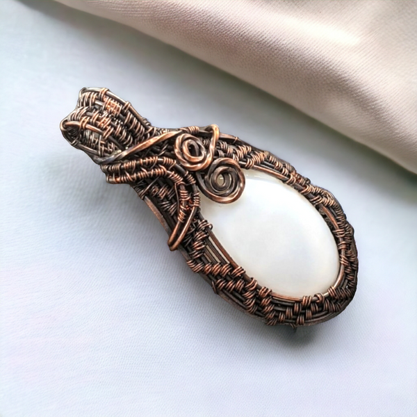 Handcrafted Copper Wire-Wrapped White Chalcedony Pendant