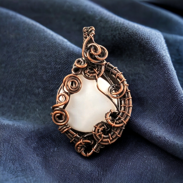Handmade Copper Wire-Wrapped White Chalcedony Pendant