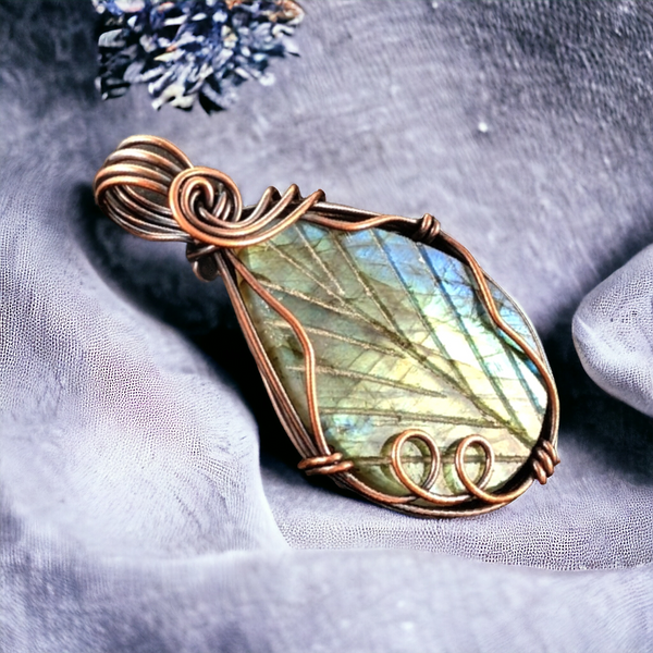 Handmade Copper Wire-Wrapped Pendant with Leaf Carved Labradorite