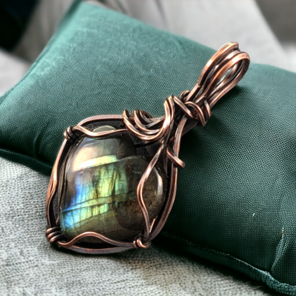 Handmade Copper Wire-Wrapped Labradorite Heart Pendant