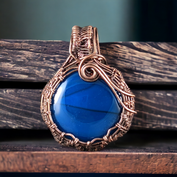 Handmade Copper Wire Wrapped Blue Agate Pendant