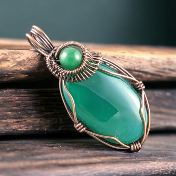 Handmade Copper Wire Wrapped Green Onyx Pendant
