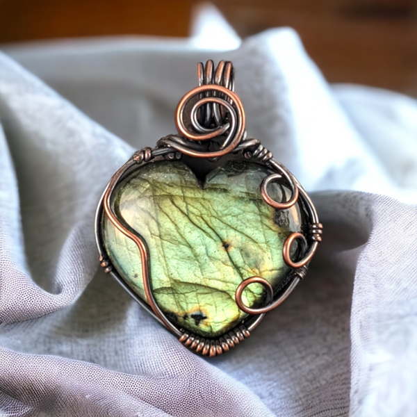 Handmade Copper Wire Wrapped Heart Shaped Labradorite Pendant