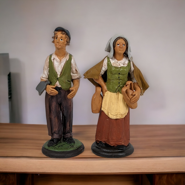 Pair of Handmade Clay Farmer Man and Woman Figurines