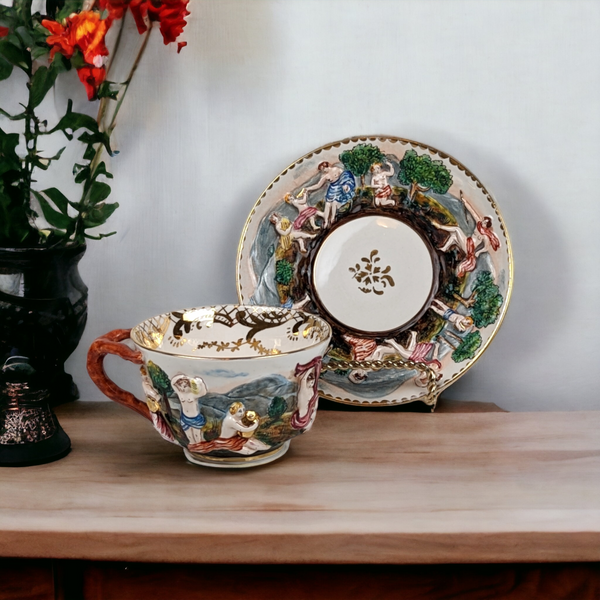 Vintage Embossed Roman Scene Cup and Saucer from Italy