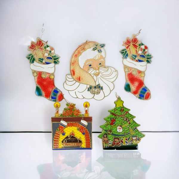 5 Vintage Large Plastic Stained Glass Look Christmas Decorations