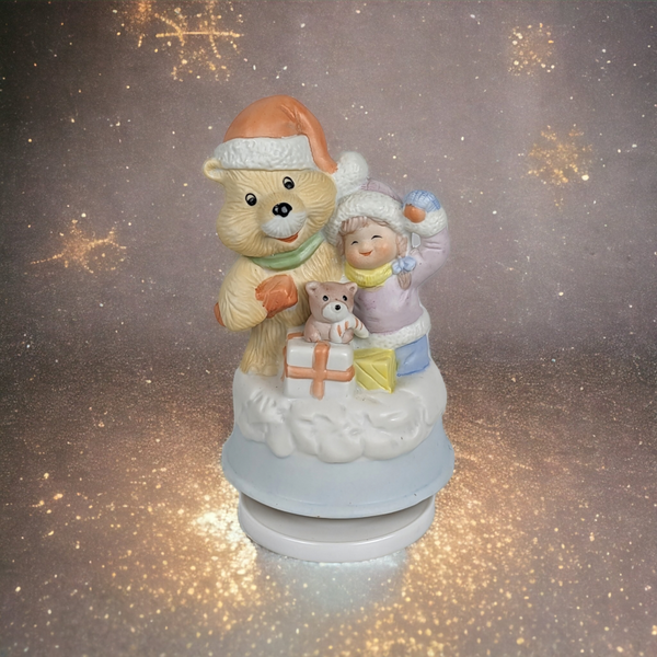 Porcelain Rotating Bear and Child Christmas Music Box